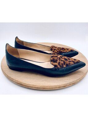 M Gemi Shoes Womens 6.5 36.5 Black Leather Leopard Print Ballet Flats